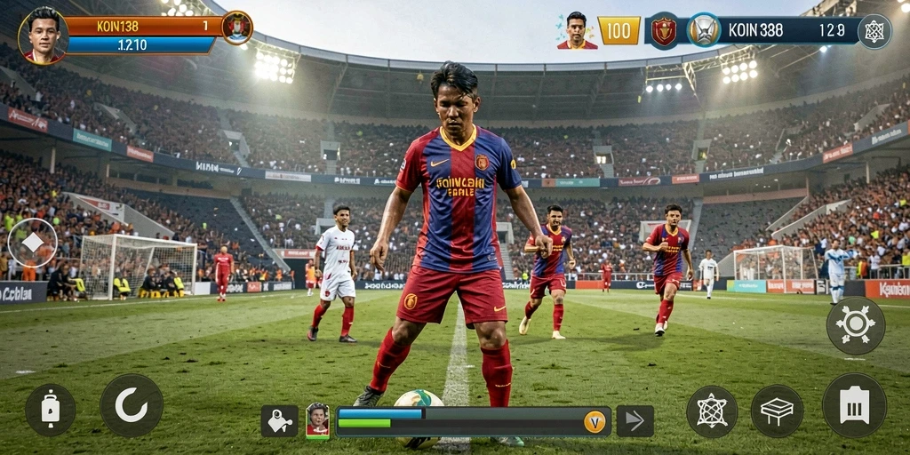 Tampilan gameplay KOIN138 dengan aksi sepak bola yang seru.