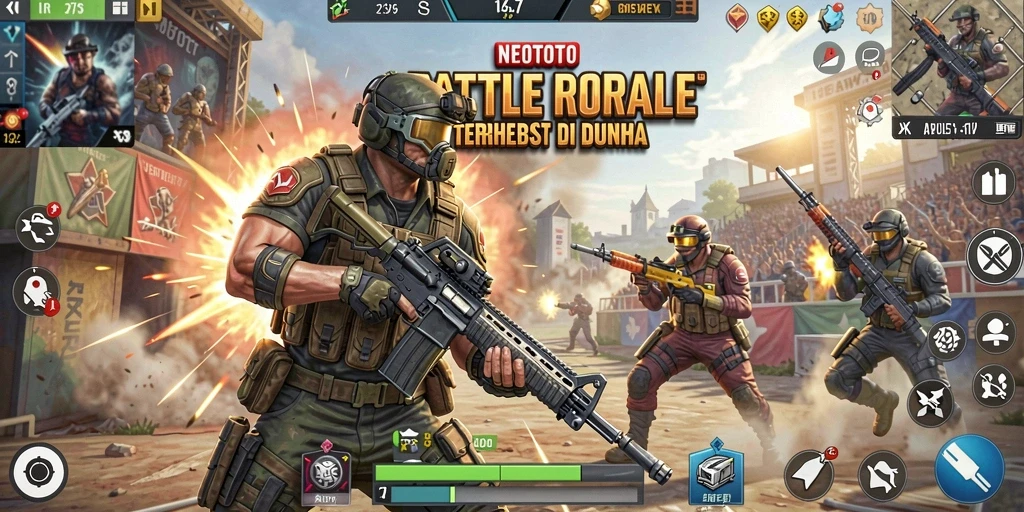 Screenshot gameplay NEOTOTO menunjukkan aksi seru Battle Royale.